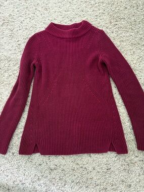 Talbots Ribbed Knit Mock Neck Size Small 100% Cotton Dark Pink Raspberry Sweater